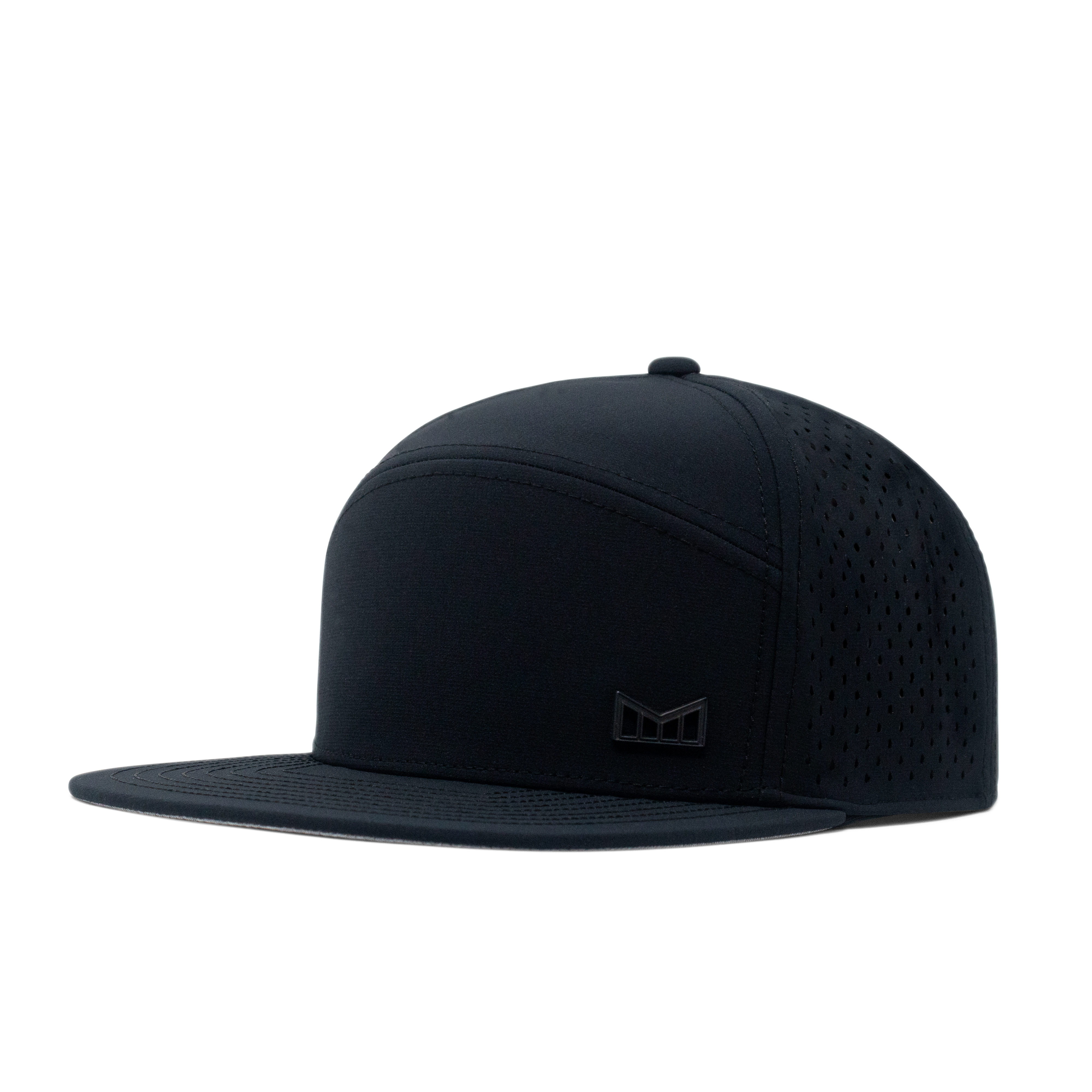 The angled view of the Melin Horizon Fit Treches Icon Hydro hat in black