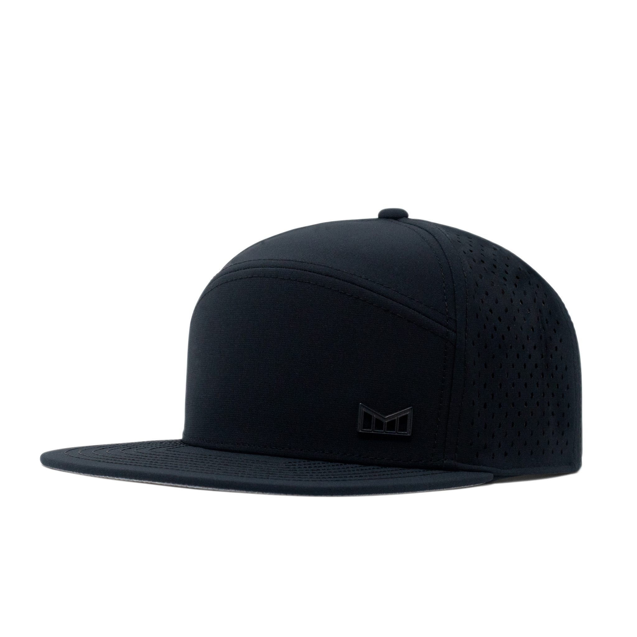 The angled view of the Melin Horizon Fit Treches Icon Hydro hat in black