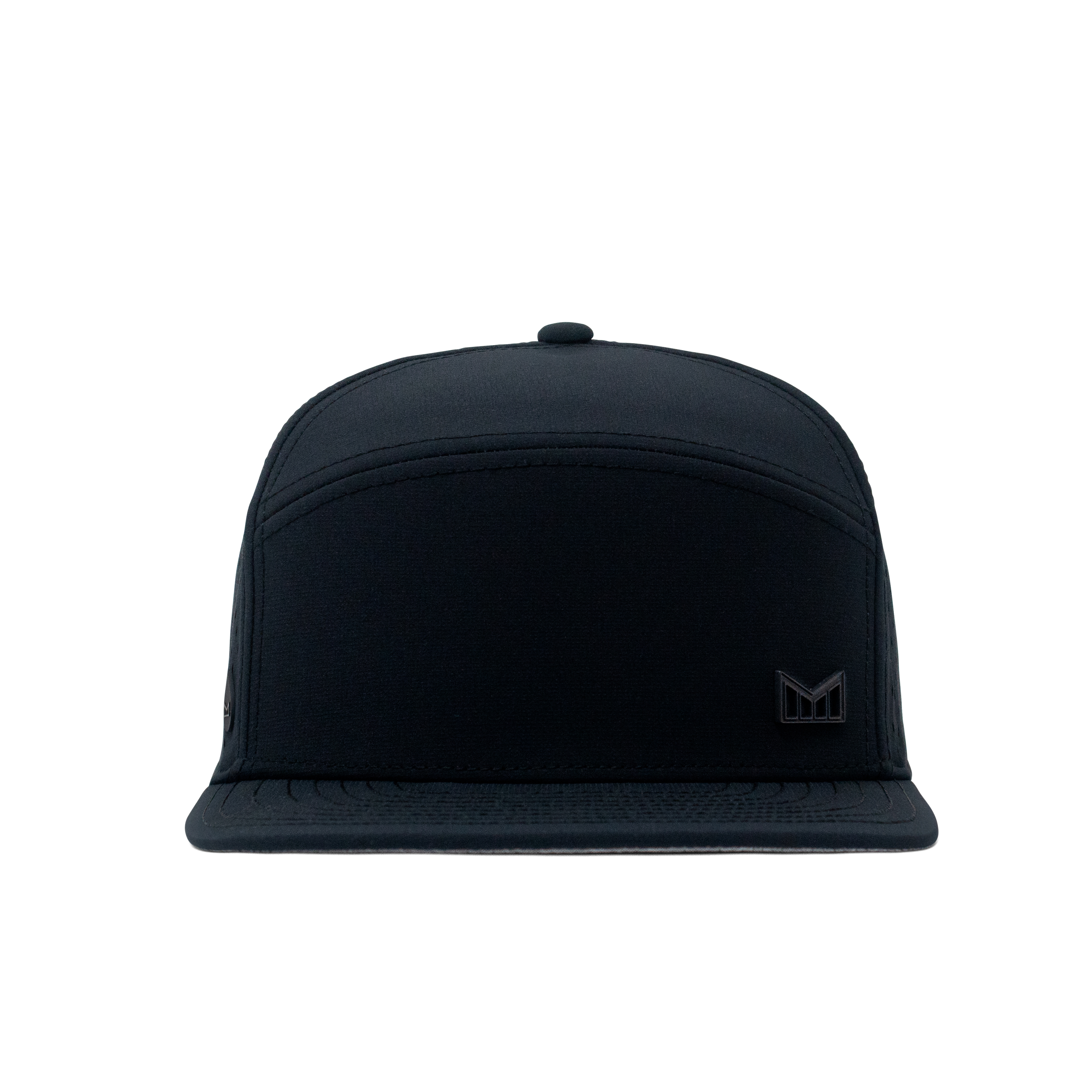The frontal view of the Melin Horizon Fit Treches Icon Hydro hat in black