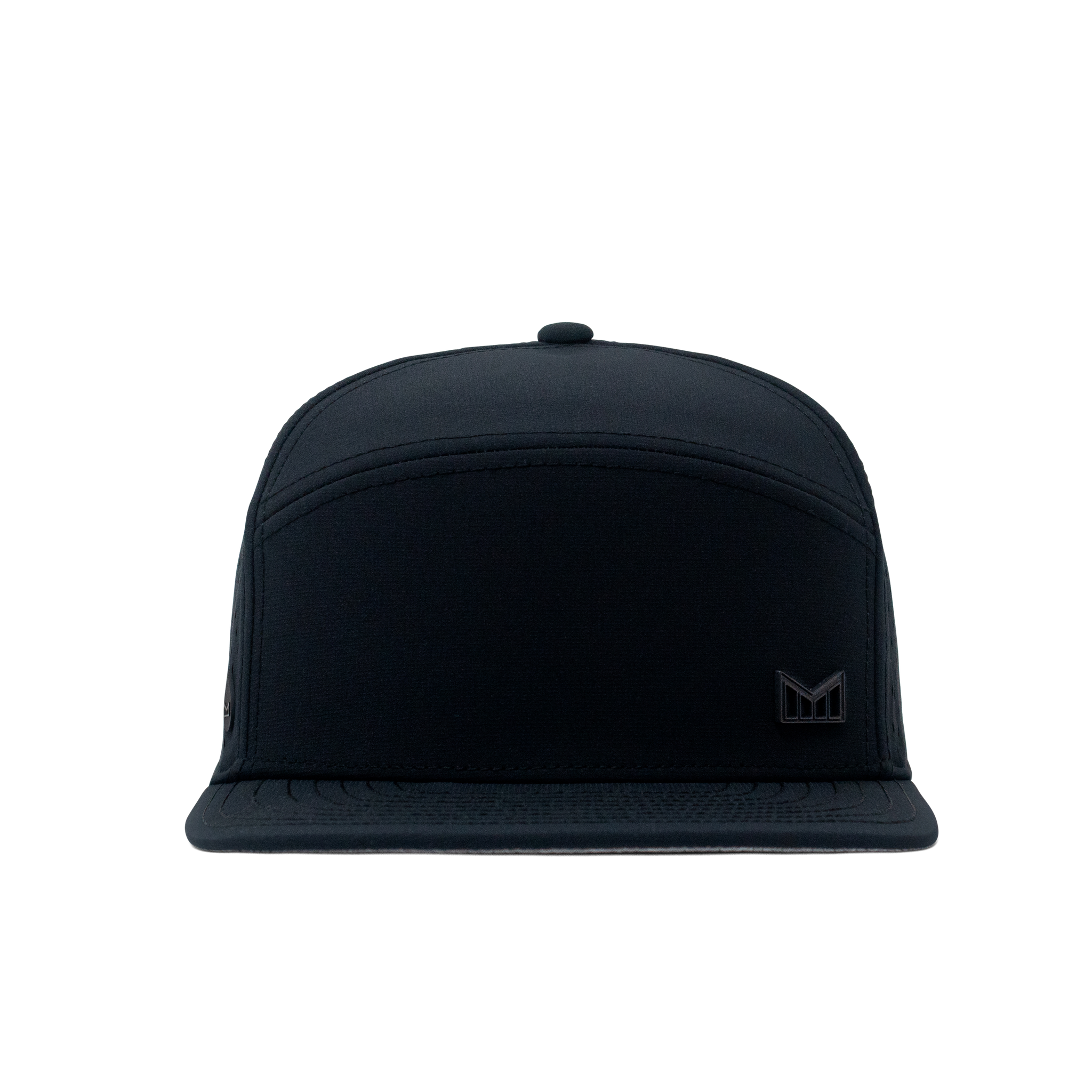 The frontal view of the Melin Horizon Fit Treches Icon Hydro hat in black