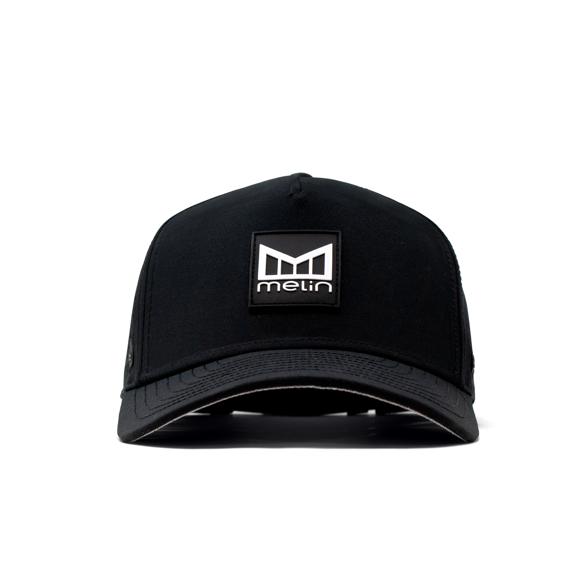 The front view of the Melin Split Fit Odyssey Stacked Hydro hat in black
