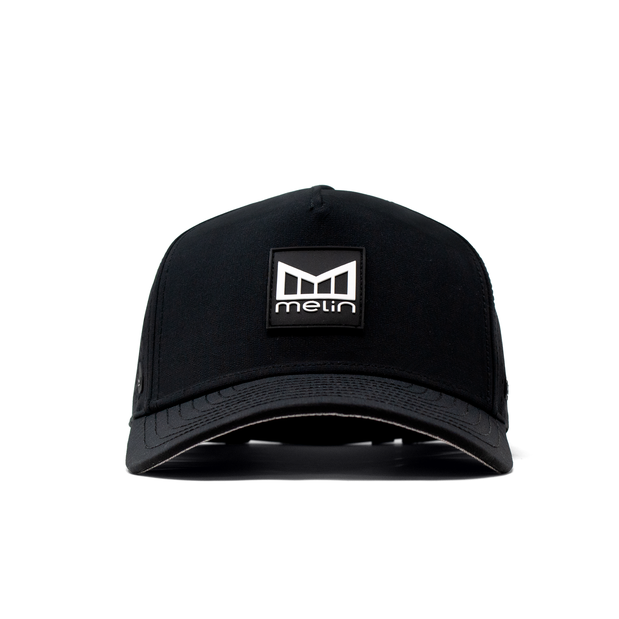 The front view of the Melin Split Fit Odyssey Stacked Hydro hat in black