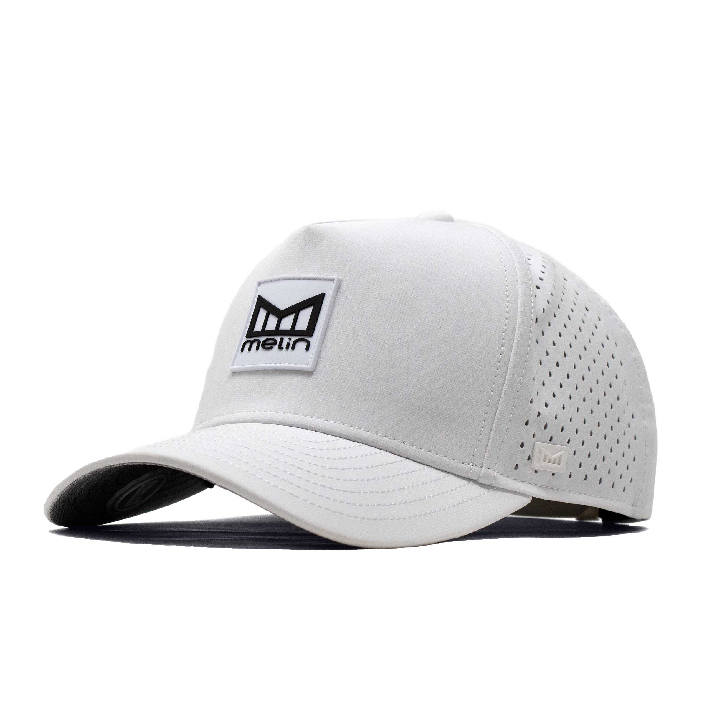 The angled view of the Melin Split Fit Odyssey Stacked Hydro hat in white