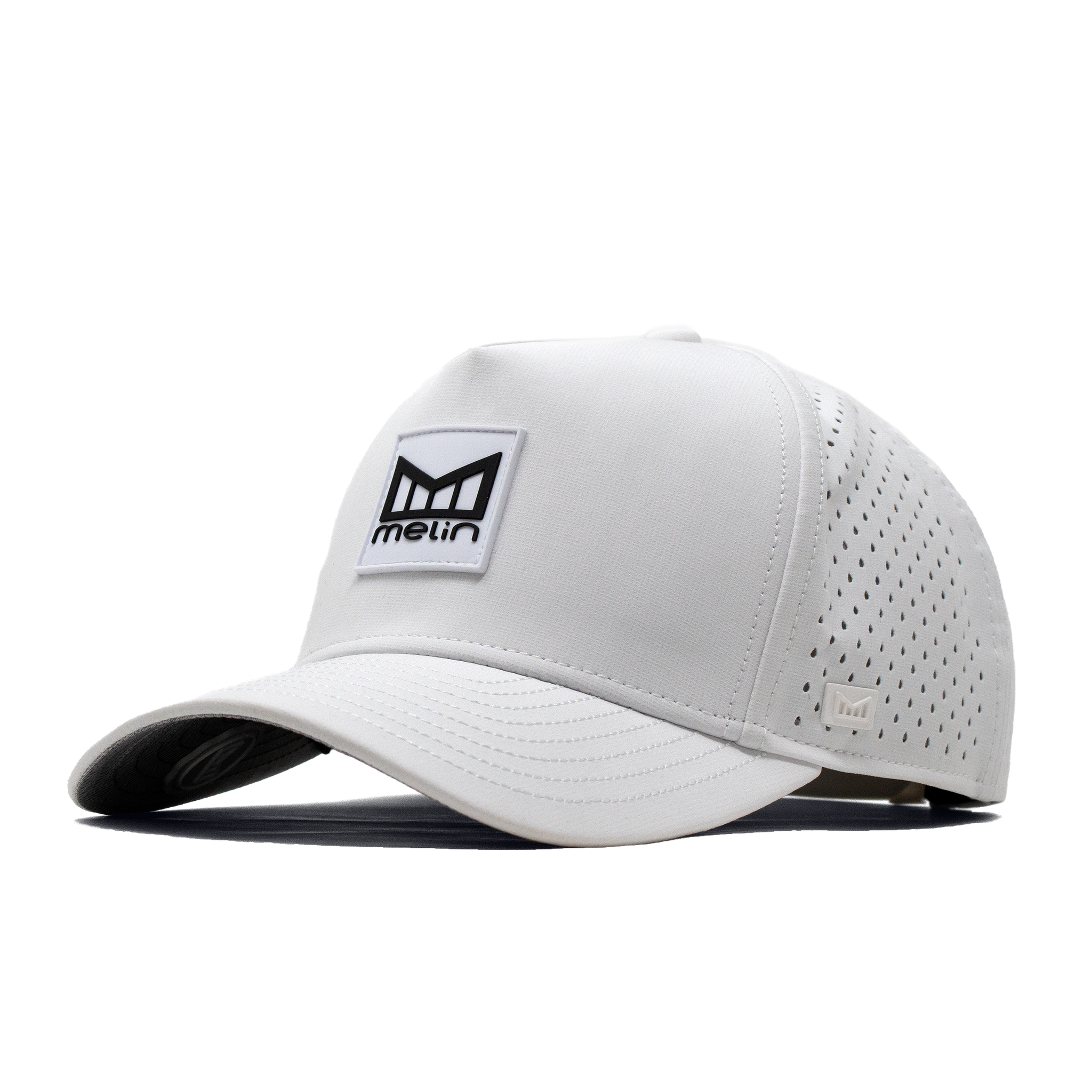 The angled view of the Melin Split Fit Odyssey Stacked Hydro hat in white