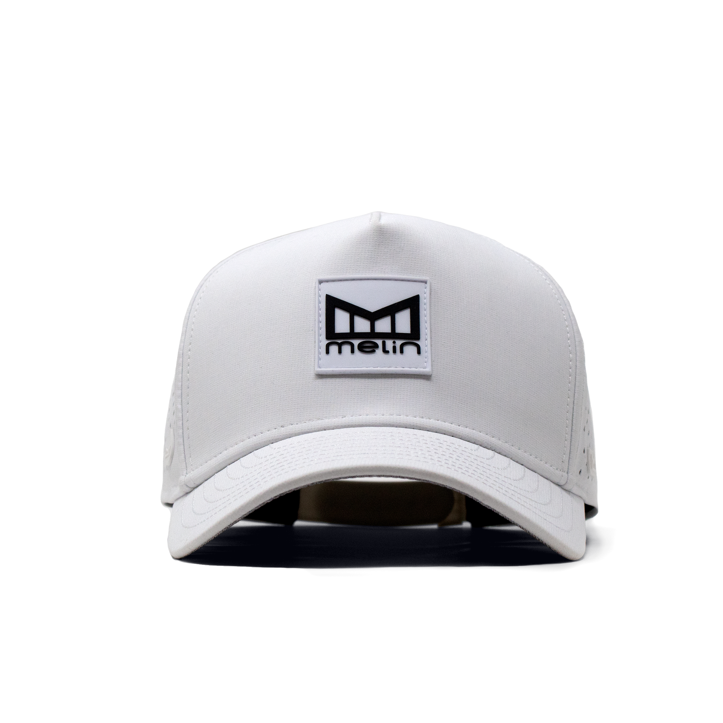 The angled view of the Melin Split Fit Odyssey Stacked Hydro hat in white
