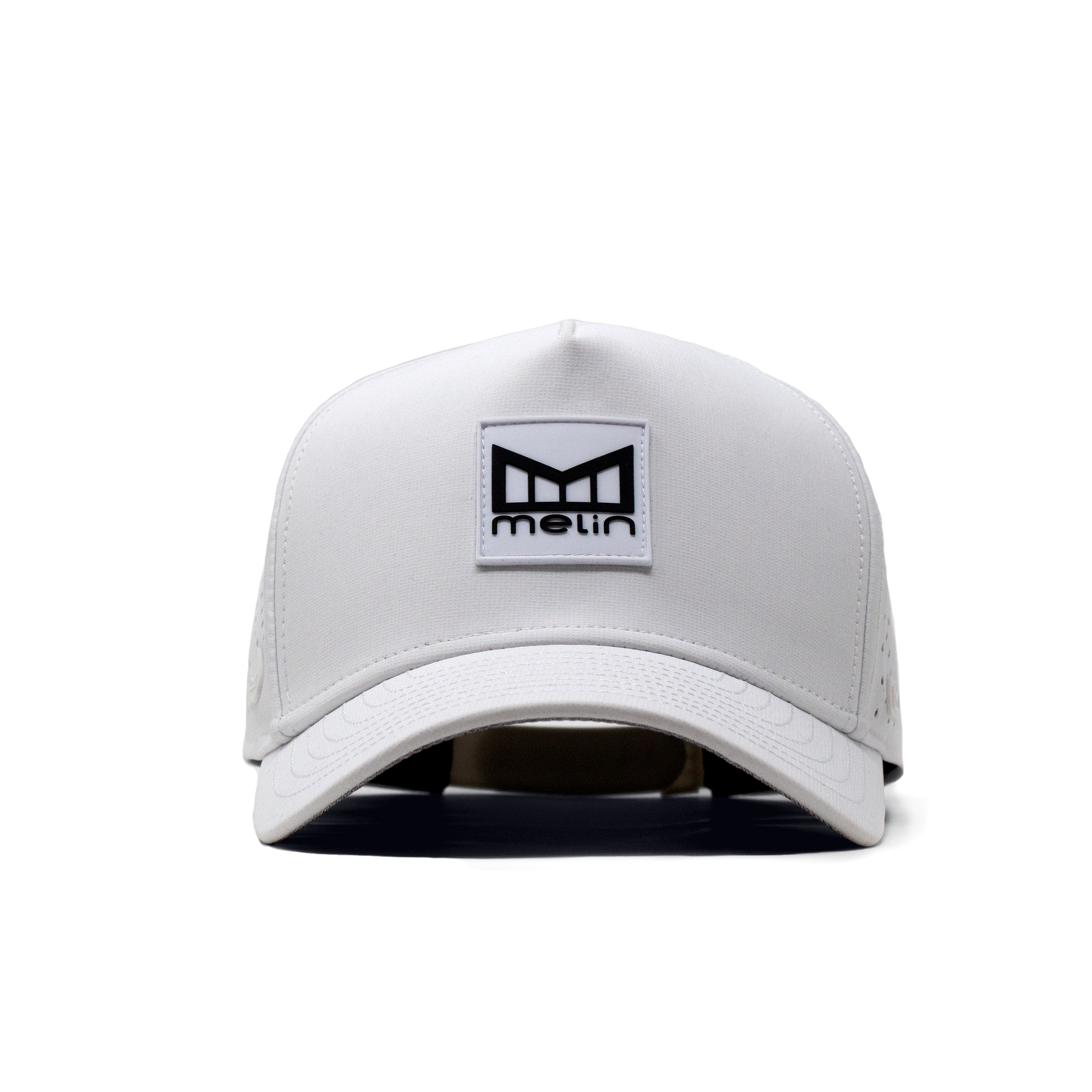 The angled view of the Melin Split Fit Odyssey Stacked Hydro hat in white