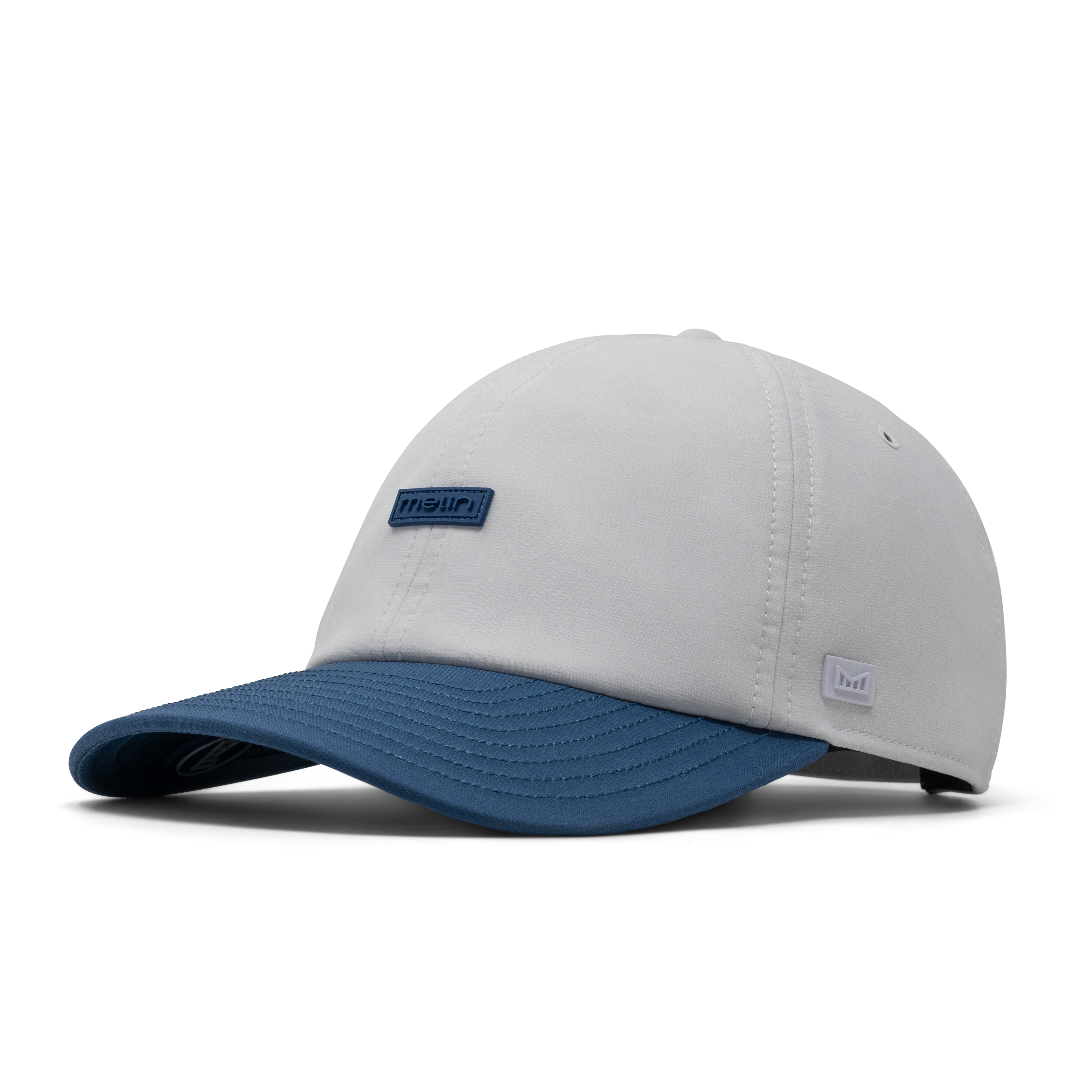 The front, angled view of the melin The Legend Hydro  Performance Dad Hat in  Steel Blue / White
