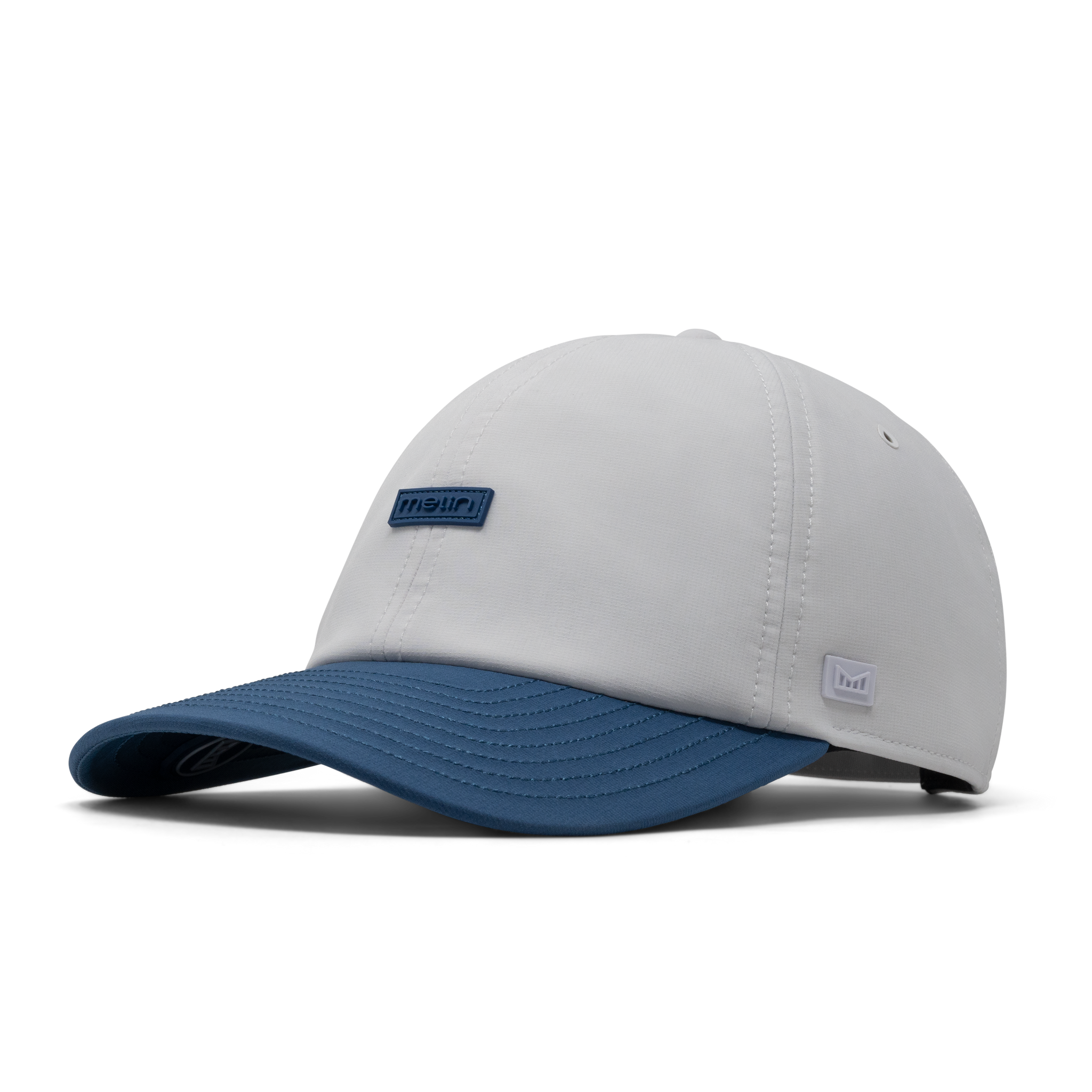 The front, angled view of the melin The Legend Hydro  Performance Dad Hat in  Steel Blue / White