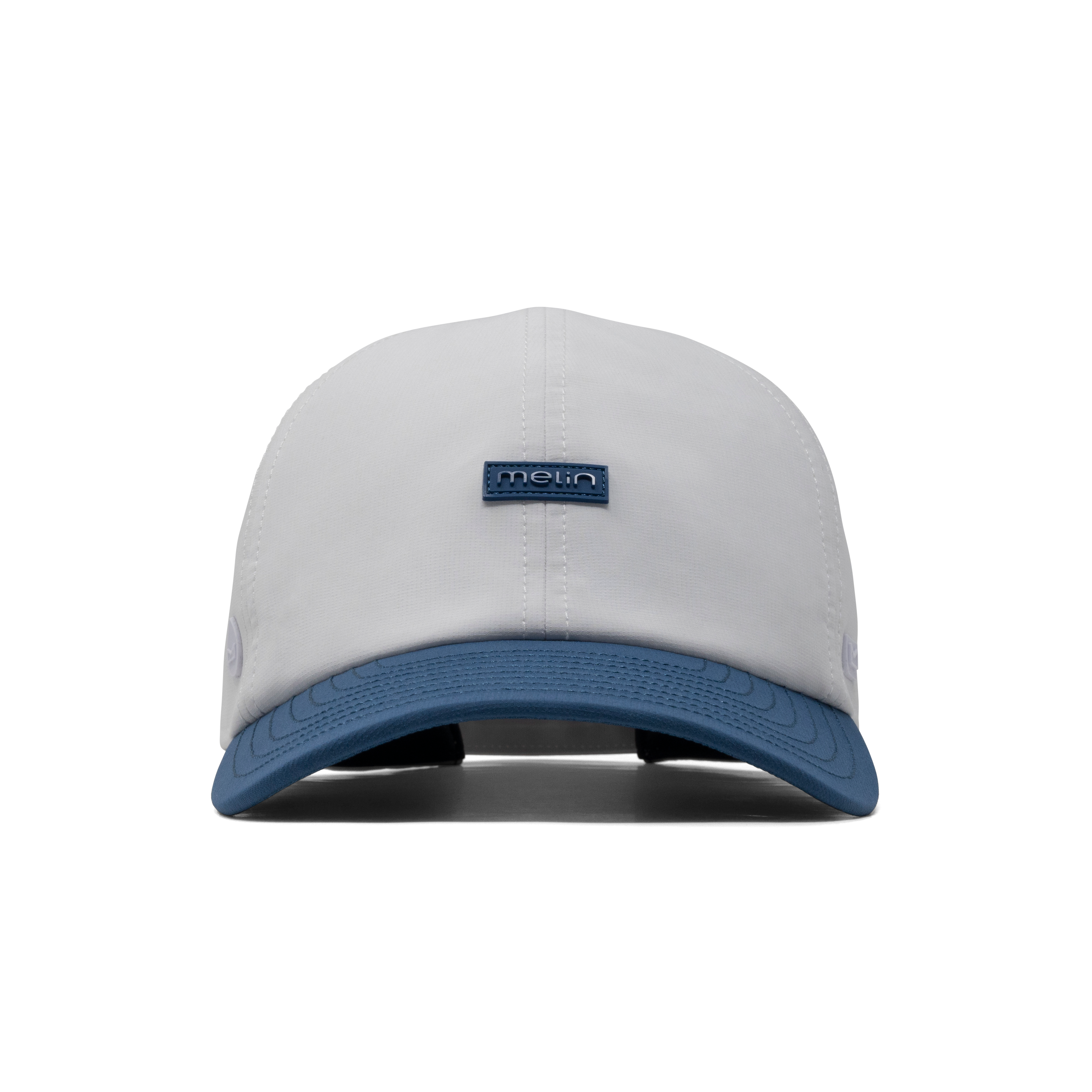 The front view of the melin The Legend Hydro  Performance Dad Hat in  Steel Blue / White